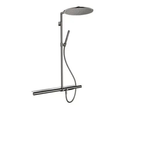 Showerpipe von AXOR mit Thermostat und Kopfbrause, in Polished Black Chrome. Enthält Handbrause und flexibel einstellbare Wasserzufuhr.